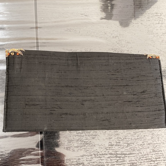 Black & gold raw silk zardozi embroidered clutch with orange & gold beads! - Picture 2 of 3